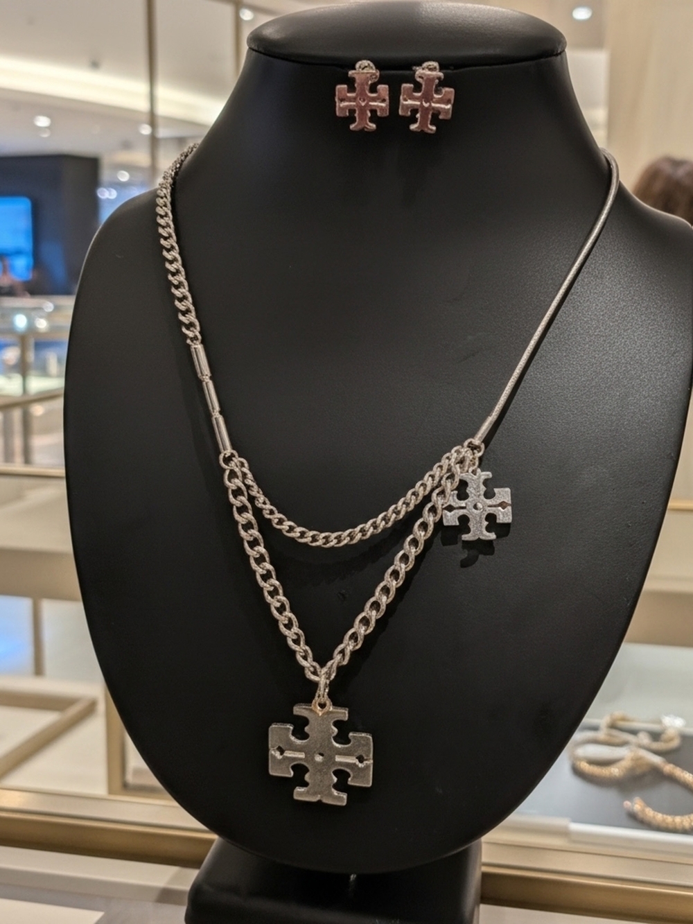 Tory Burch Silver Double-Layer Logo Necklace with Stud Earrings